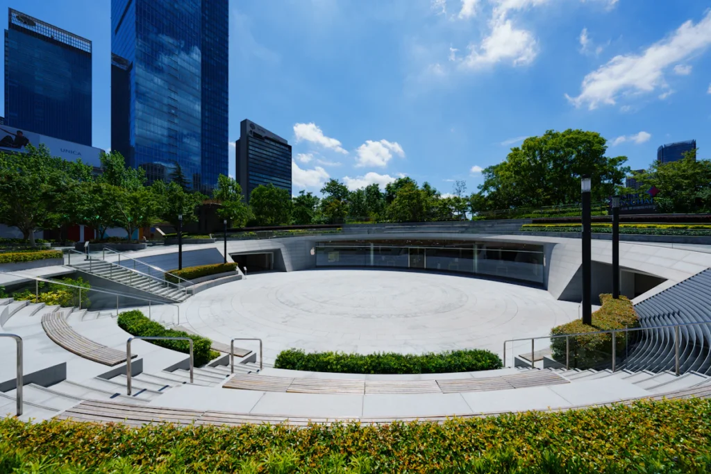 Campus plaza and walkways between modern buildings