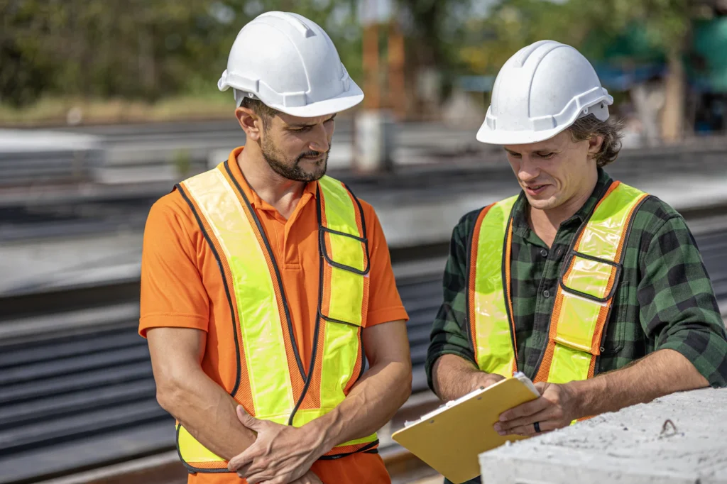 Two crew members in hard hats reviewing a scope on a clipboard at a commercial jobsite